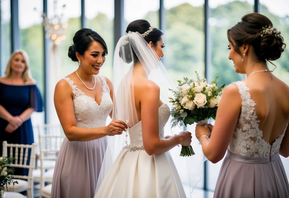 A maid of honor helps the bride with her dress, arranges the bridal veil, and holds the bride's bouquet during the wedding ceremony