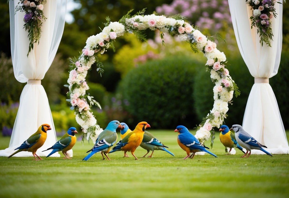 A group of colorful birds gather around a beautifully decorated wedding arch in a lush garden setting
