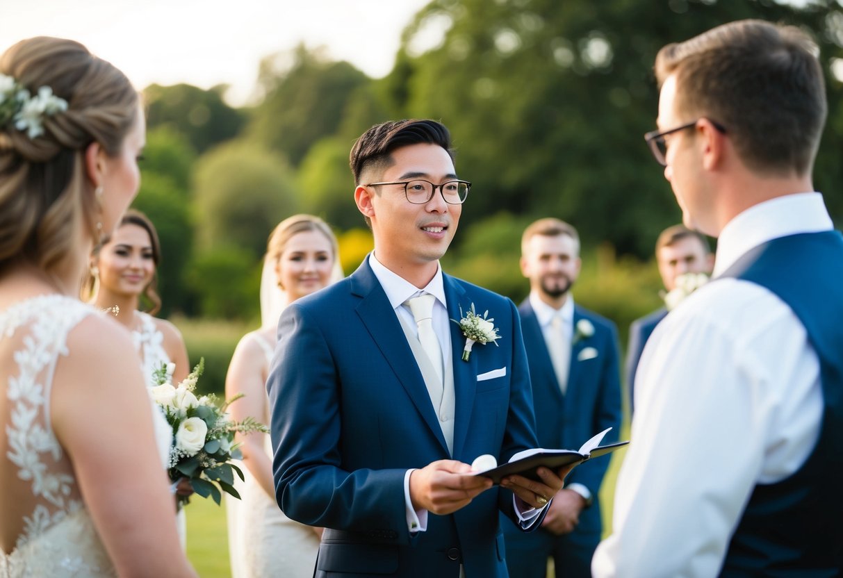 A person standing at the front of a wedding ceremony, leading the proceedings and speaking to the couple and guests