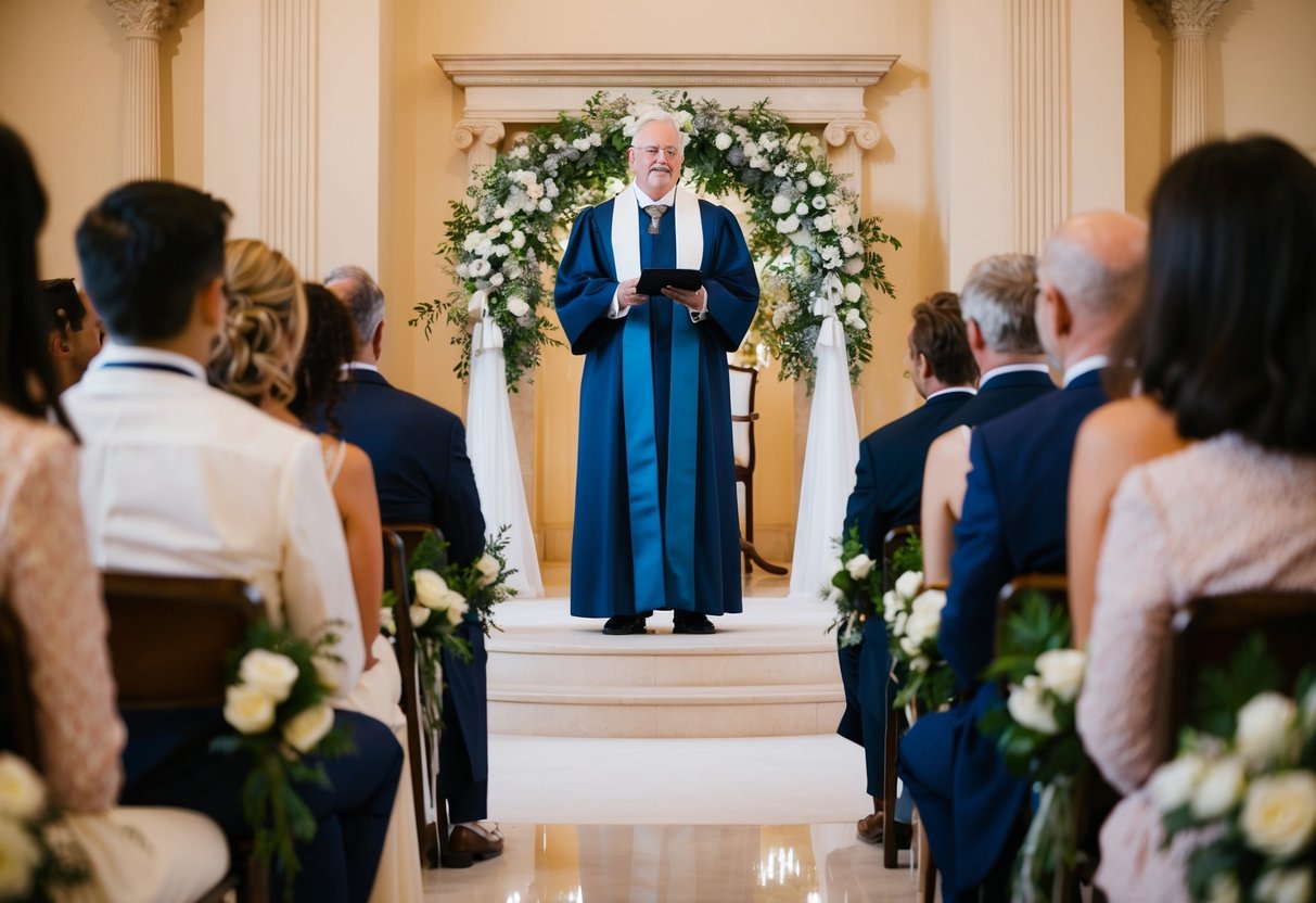 A figure in formal attire presides over a wedding ceremony, standing at the front of a decorated space with a couple in the center