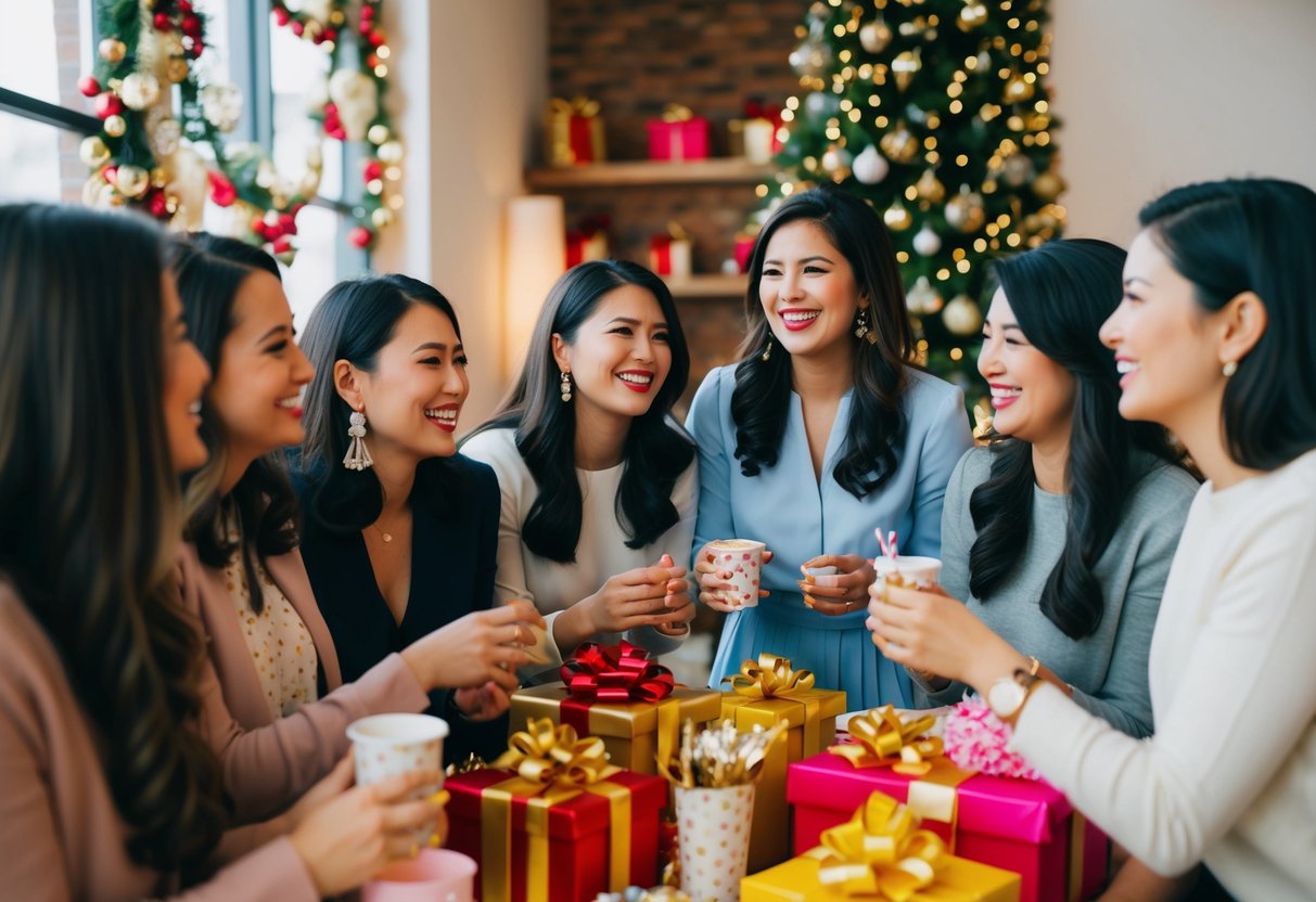 A group of women gather in a decorated space, chatting and laughing, surrounded by gifts and refreshments