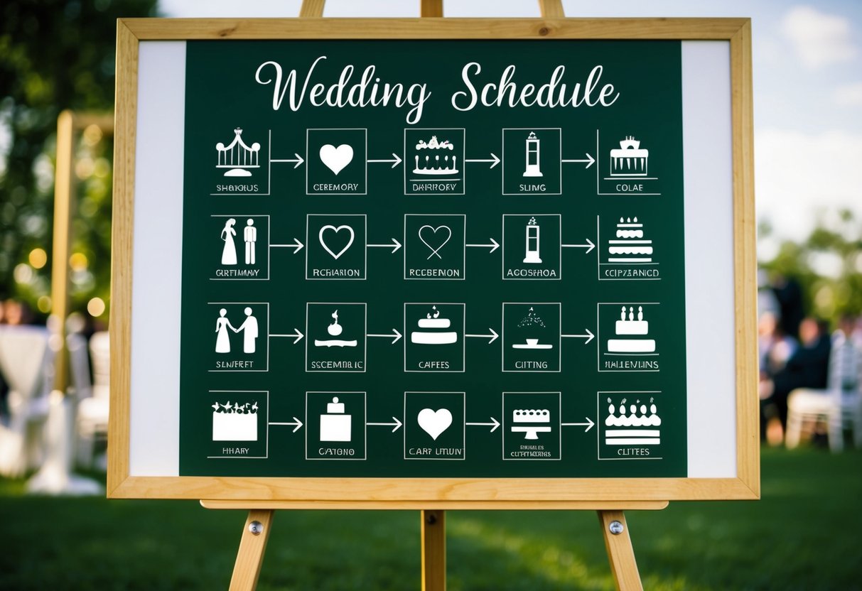 A wedding schedule: a decorative timeline with icons and symbols for each event, such as ceremony, reception, and cake cutting, displayed on a chalkboard or paper