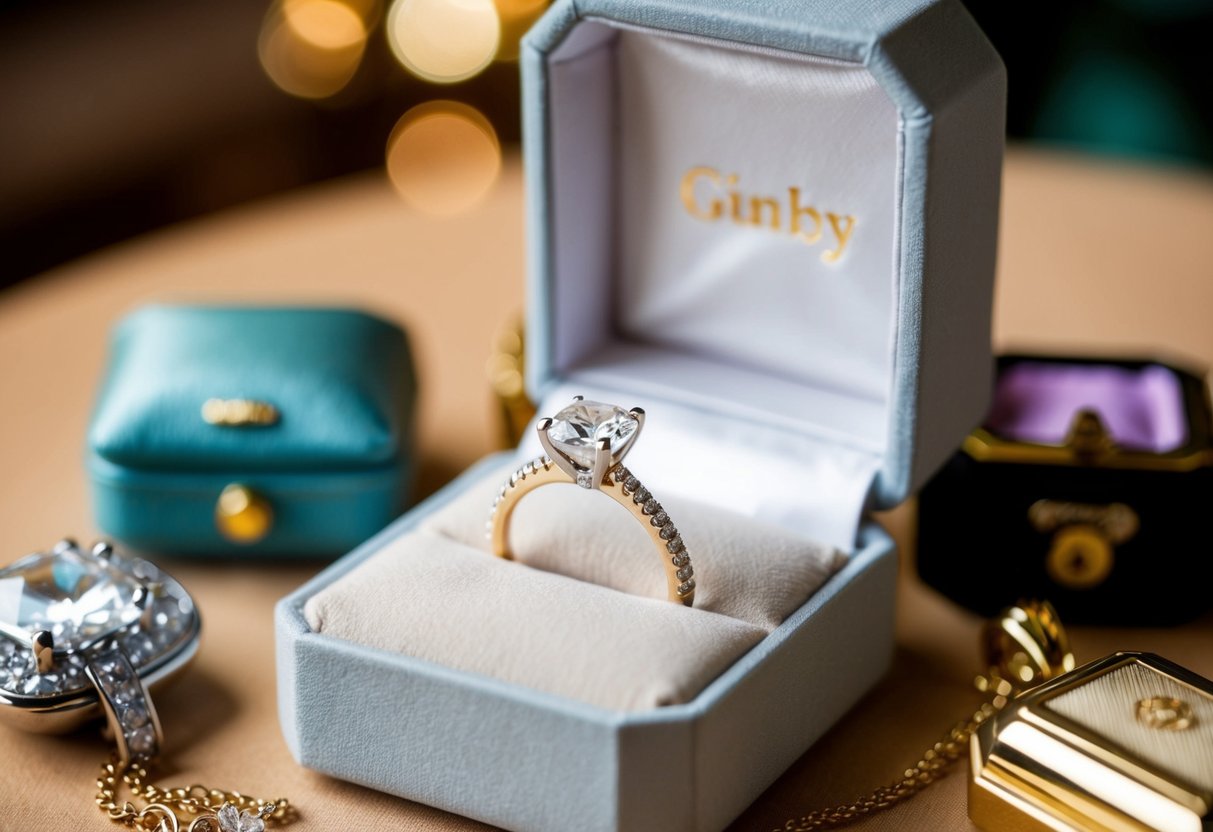 A sparkling engagement ring sits on a cushioned display in a jewelry box, surrounded by other precious items