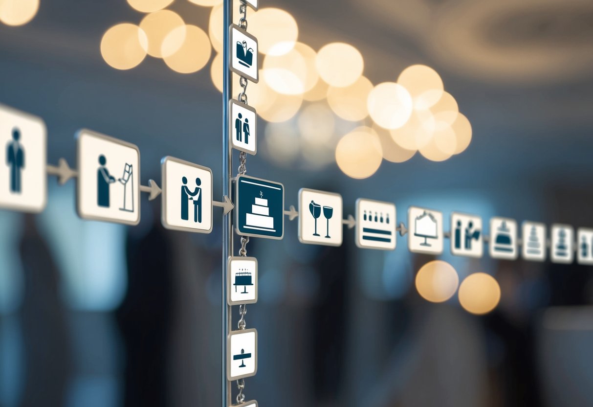 A timeline with icons representing different wedding events, such as the ceremony, reception, and cake cutting, displayed in a linear format