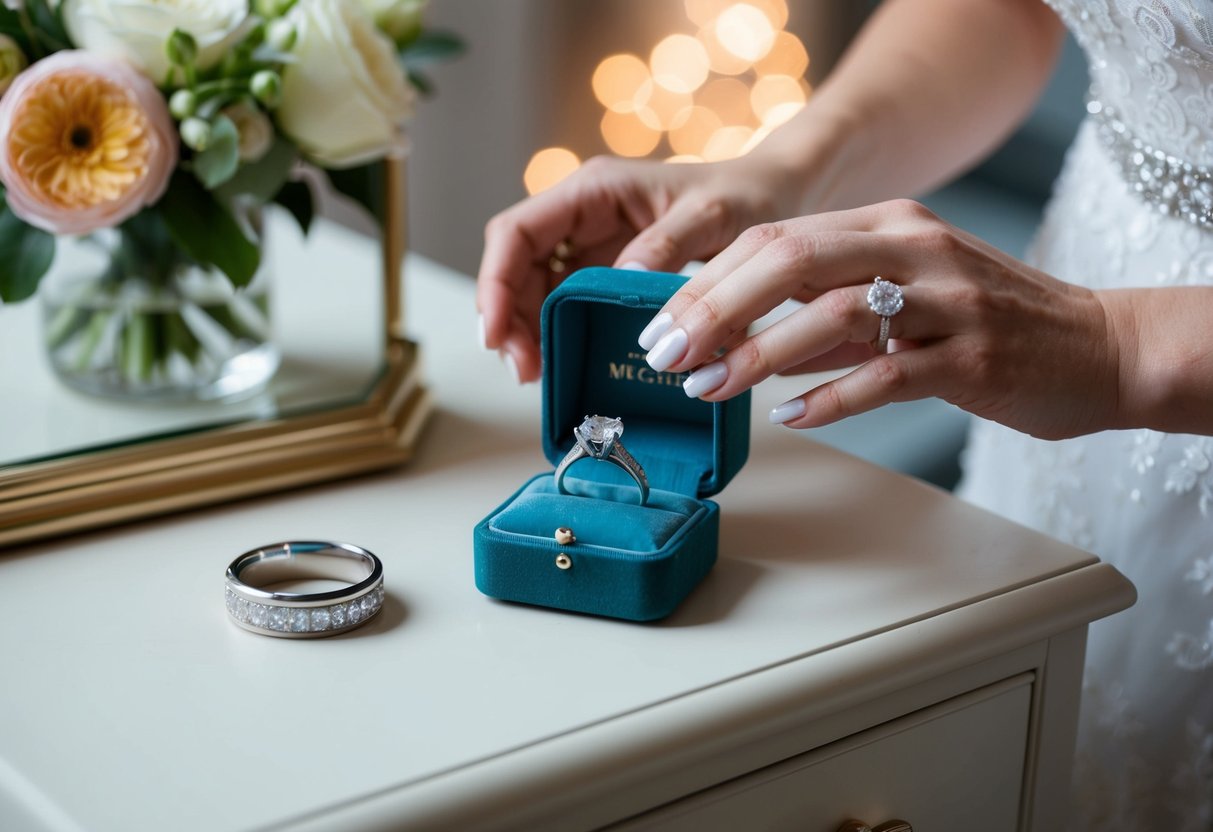 A bride places her engagement ring in a jewelry box next to her wedding band on a dresser