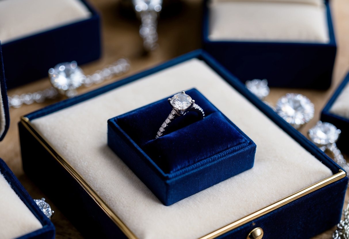 A diamond engagement ring is placed on a velvet display in a jewelry box, surrounded by other elegant pieces in a glass case