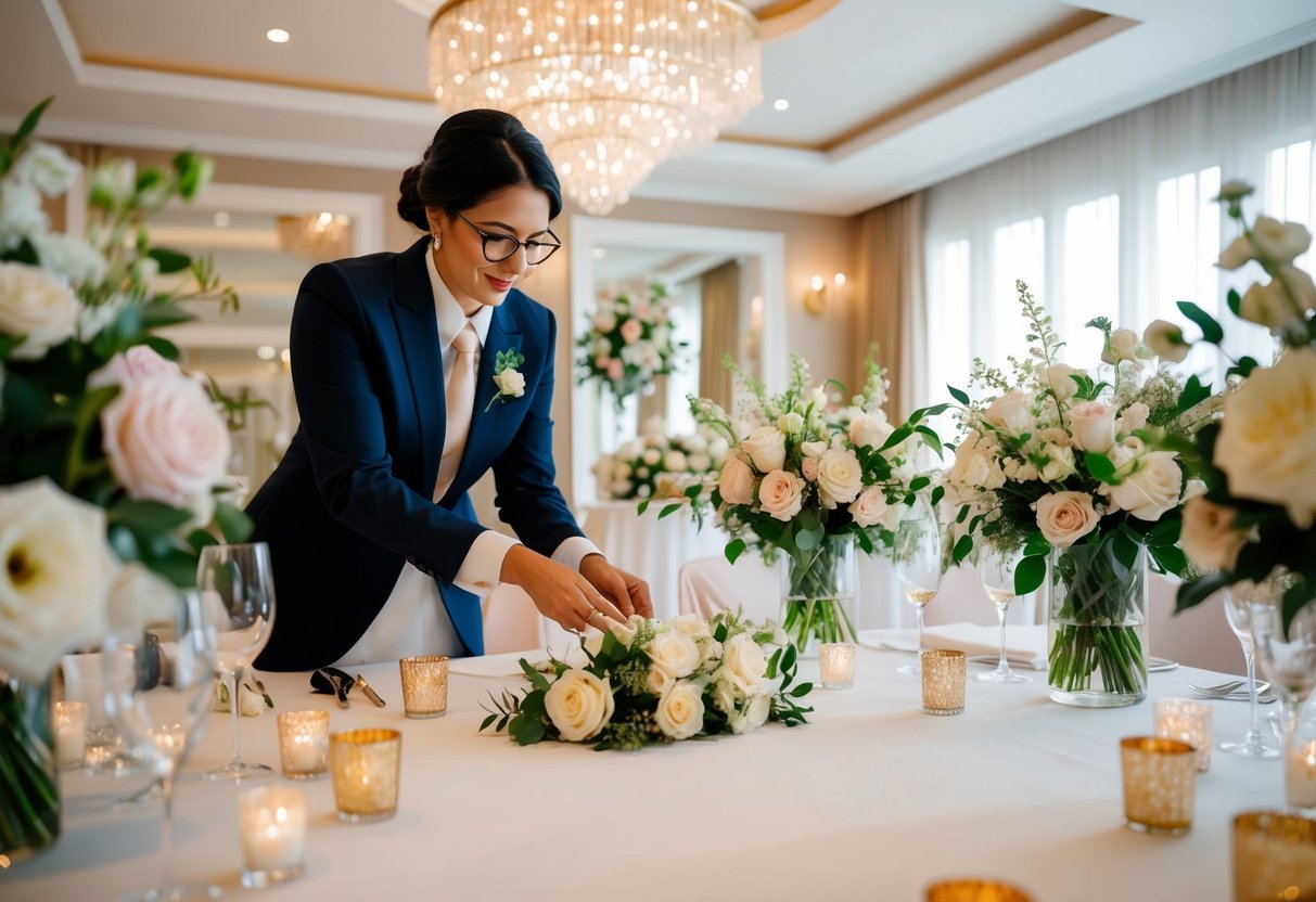 A wedding planner organizing a luxurious venue with elegant decor and floral arrangements