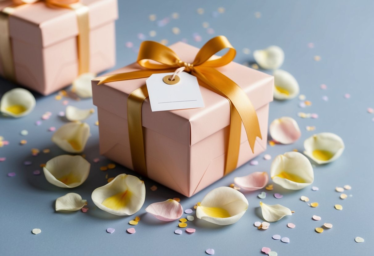 A beautifully wrapped gift box with a ribbon and a tag, surrounded by delicate flower petals and confetti