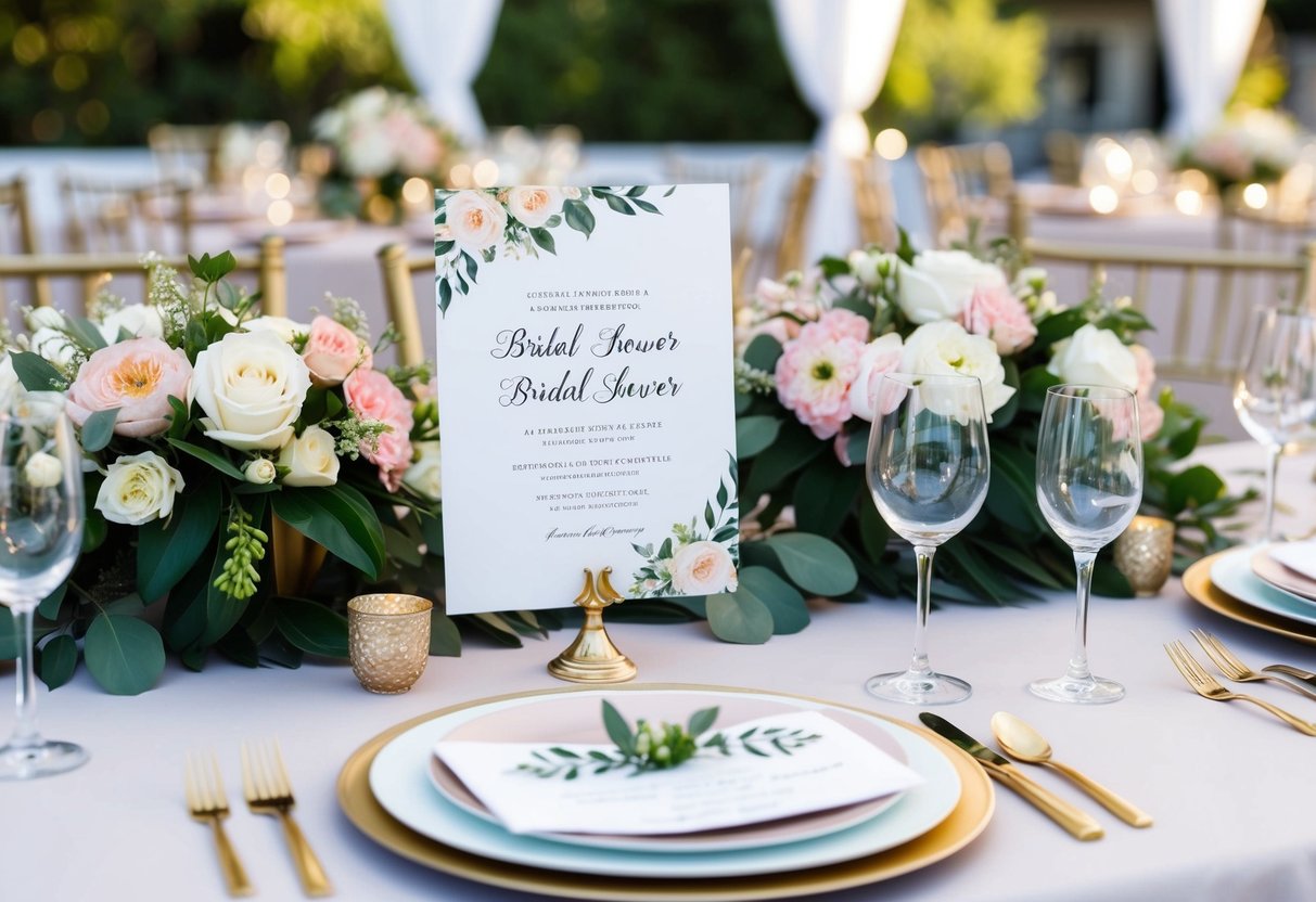 A table set with elegant place settings and floral centerpieces for a bridal shower. Invitations displayed on a decorative stand