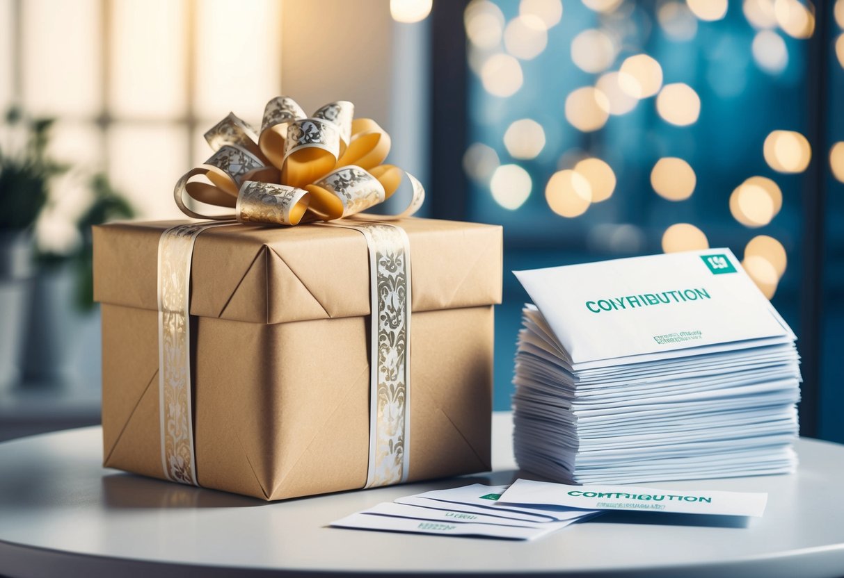 A beautifully wrapped gift box with a decorative bow sits on a table next to a stack of envelopes containing various contribution amounts