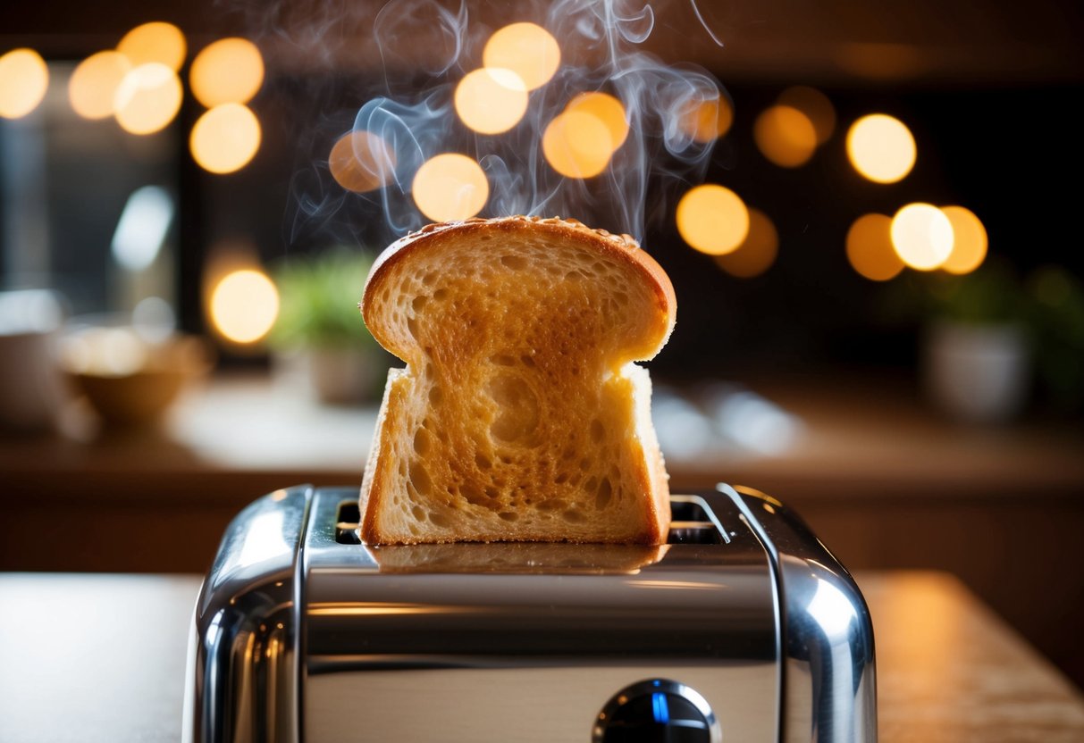 A slice of golden toast pops out of a toaster, emitting a warm, inviting aroma