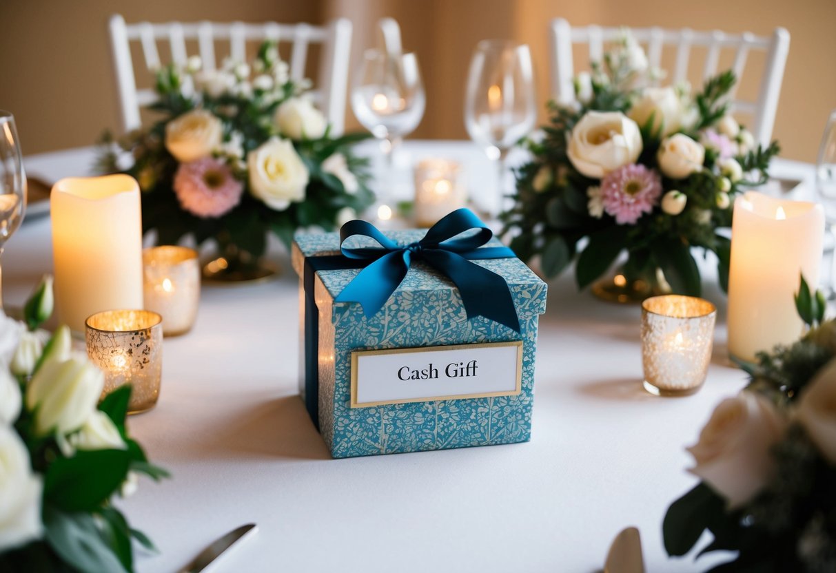 A table with a decorative box for cash gifts, surrounded by elegant floral centerpieces and soft candlelight