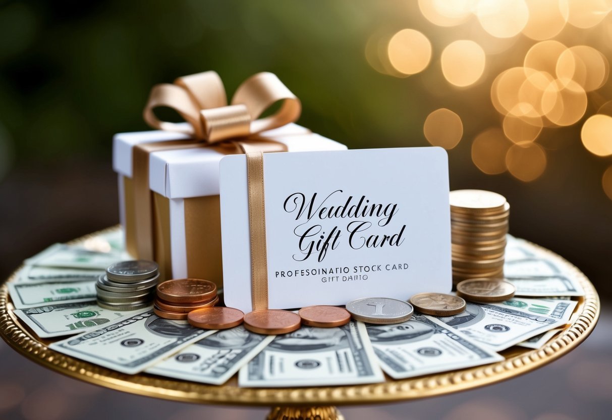 A wedding gift card surrounded by various denominations of cash and coins on a decorative table
