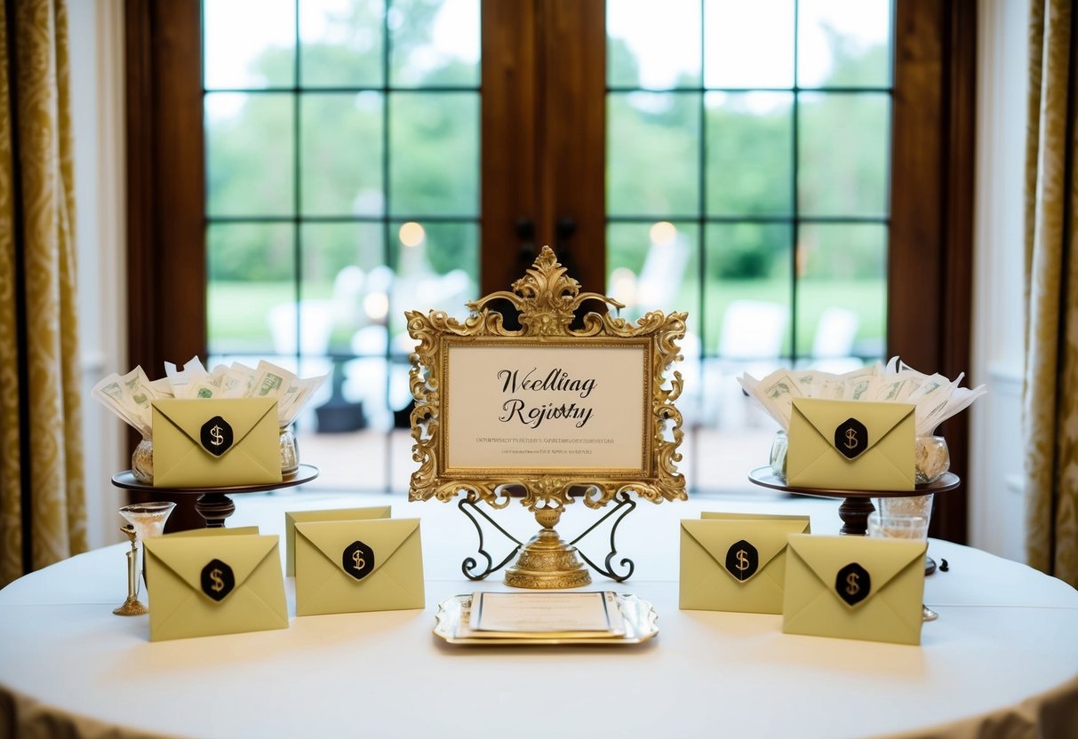 A beautifully decorated table with a wedding registry display and a collection of cash gifts in envelopes