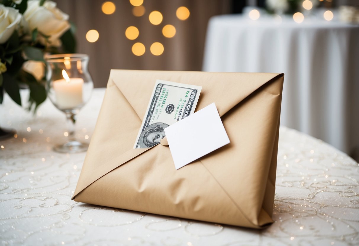 A wrapped envelope with cash and a card on a gift table at a wedding reception