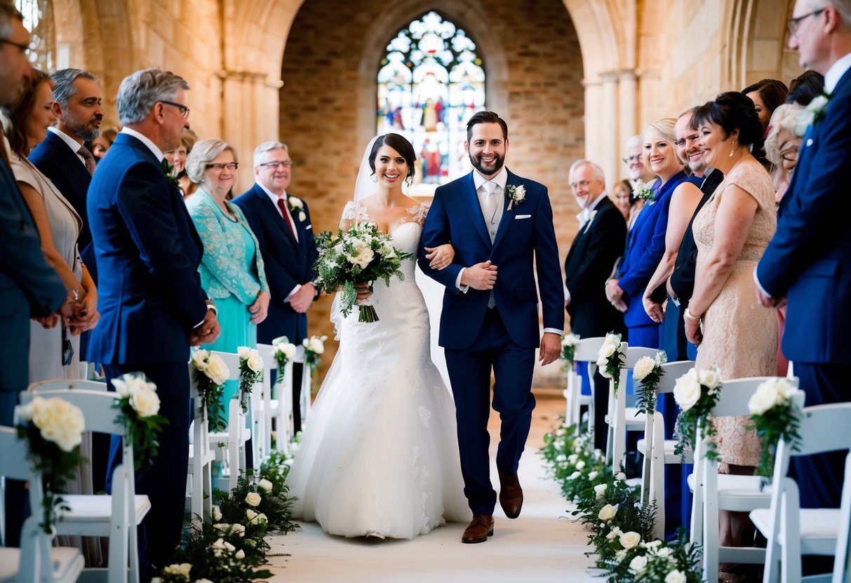 The newlyweds process down the aisle, surrounded by family and friends, as they make their way to the altar