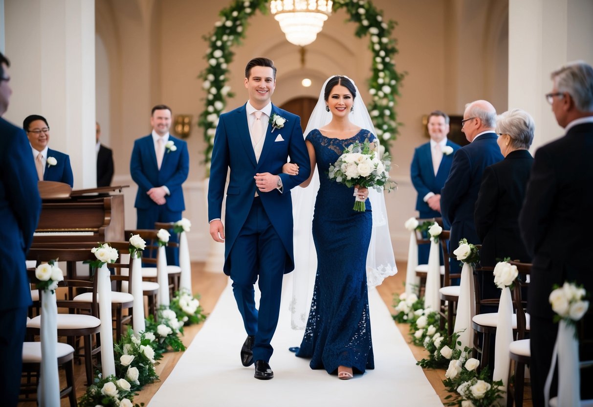 The bride and groom walk down the aisle in a traditional wedding procession. A pianist plays classical music in the background