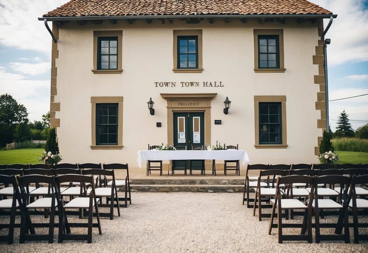 A simple, rustic town hall with a small gathering of chairs and a table for the ceremony