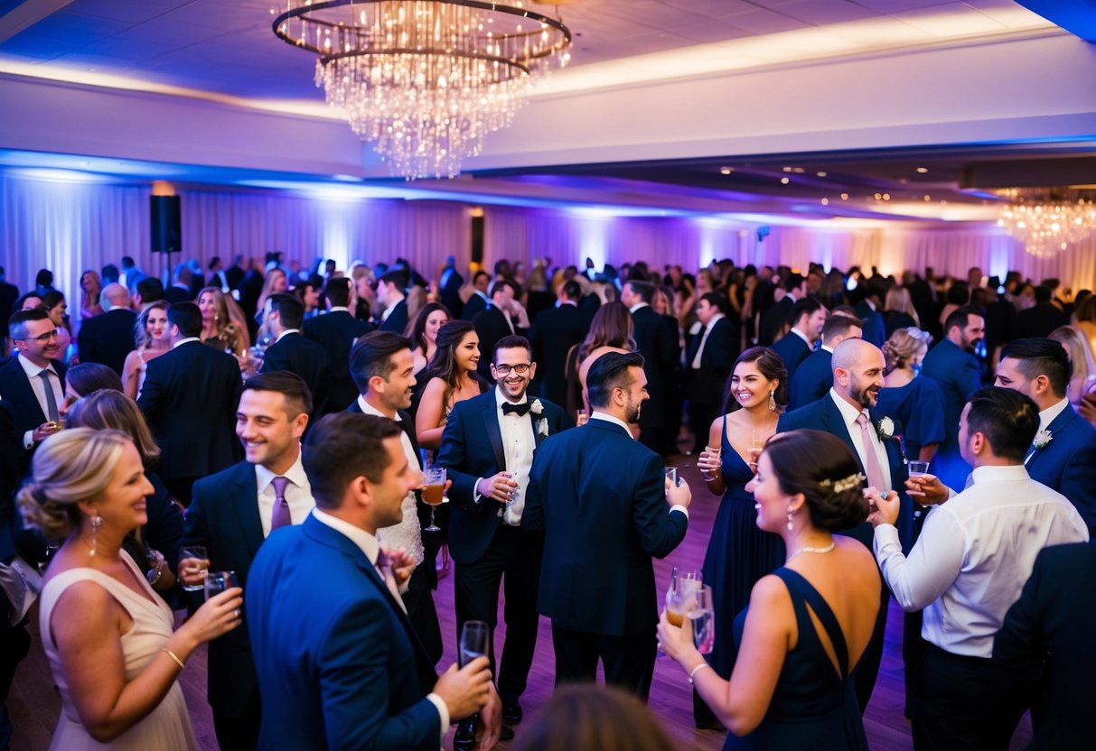 A bustling reception with guests mingling and enjoying drinks, followed by a lively after-party with dancing and music