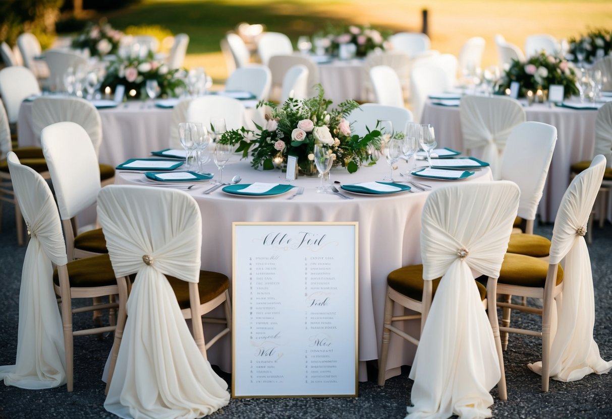 An elegant seating plan with round tables adorned with floral centerpieces and place cards, surrounded by chairs draped in flowing white fabric