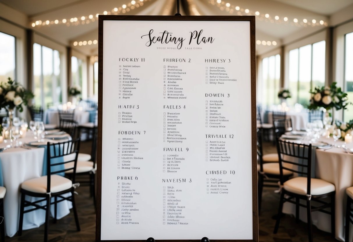 A seating plan for a wedding, with tables arranged in a spacious and elegant setting, accommodating the guest list comfortably