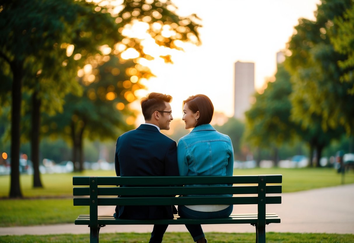 A couple sitting together on a park bench, gazing into each other's eyes with a romantic sunset in the background