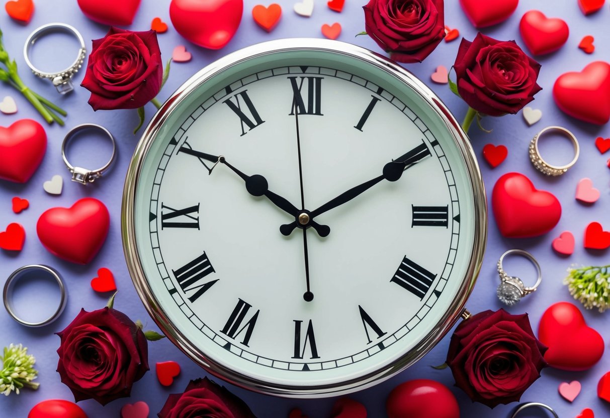 A clock surrounded by various symbols of love and commitment, such as hearts, rings, and flowers, with the hands pointing to the period of time before engagement