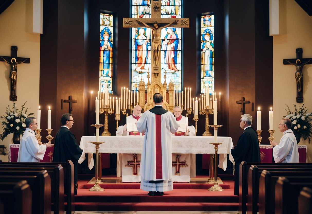 A church interior with a clergy member standing at the altar, surrounded by religious symbols and candles, as they perform an ordination ceremony