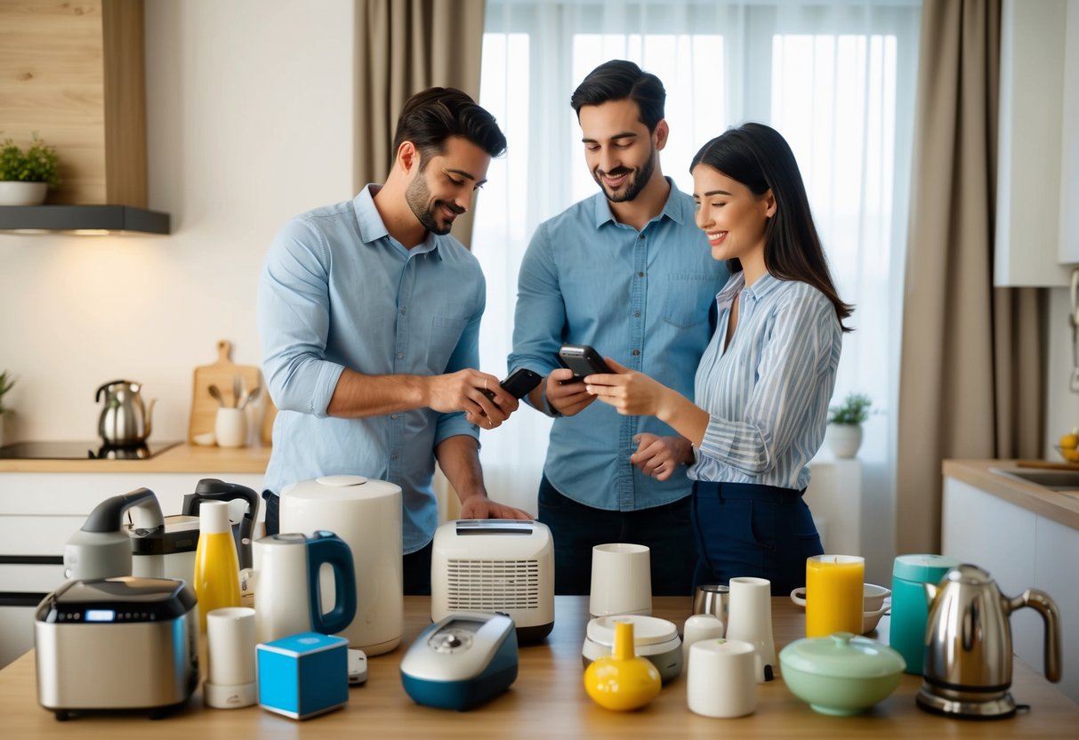 A table with various household items and appliances, surrounded by couples browsing and scanning items with a handheld scanner