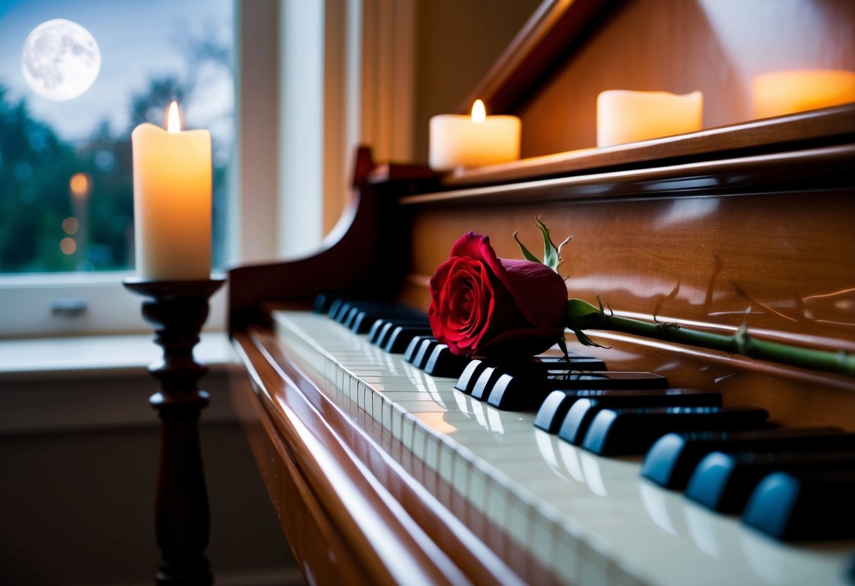 A single red rose lying on a grand piano, surrounded by soft candlelight and the gentle glow of moonlight filtering through a window