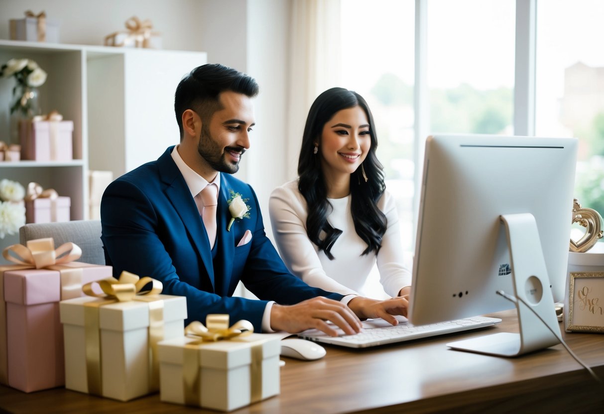 A couple sitting at a computer, managing their wedding registry online, surrounded by gift boxes and wedding memorabilia