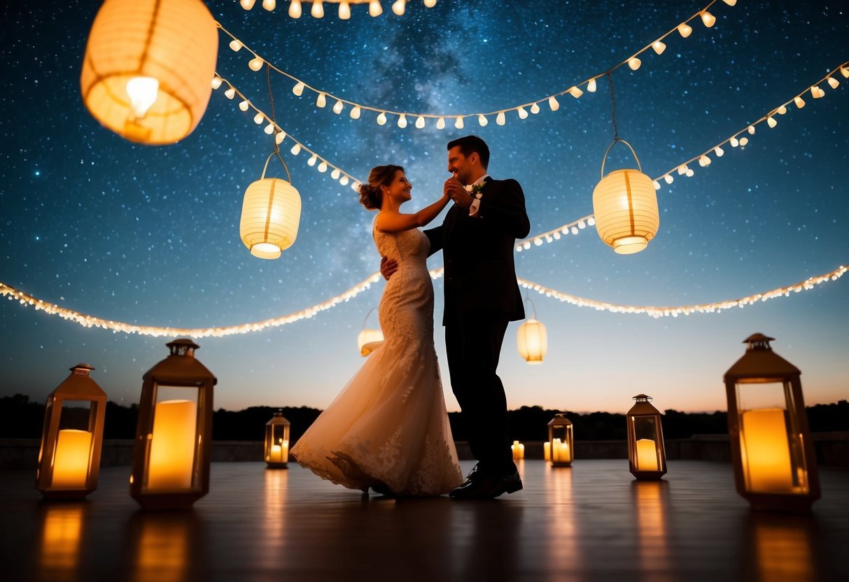 A couple dancing under a starry sky, surrounded by glowing lanterns and soft candlelight
