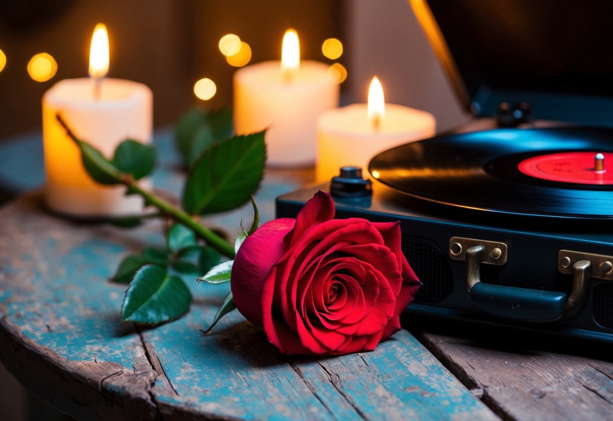 A single red rose lying on a weathered wooden table, surrounded by flickering candlelight and a vintage record player playing a love song