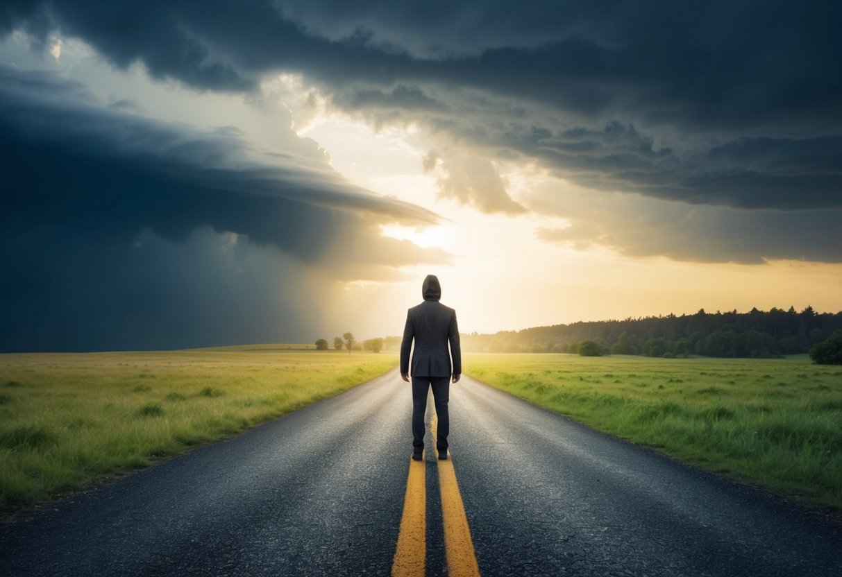 A lone figure stands at a crossroads, with one path leading into a stormy, dark landscape and the other into a bright, sunny meadow