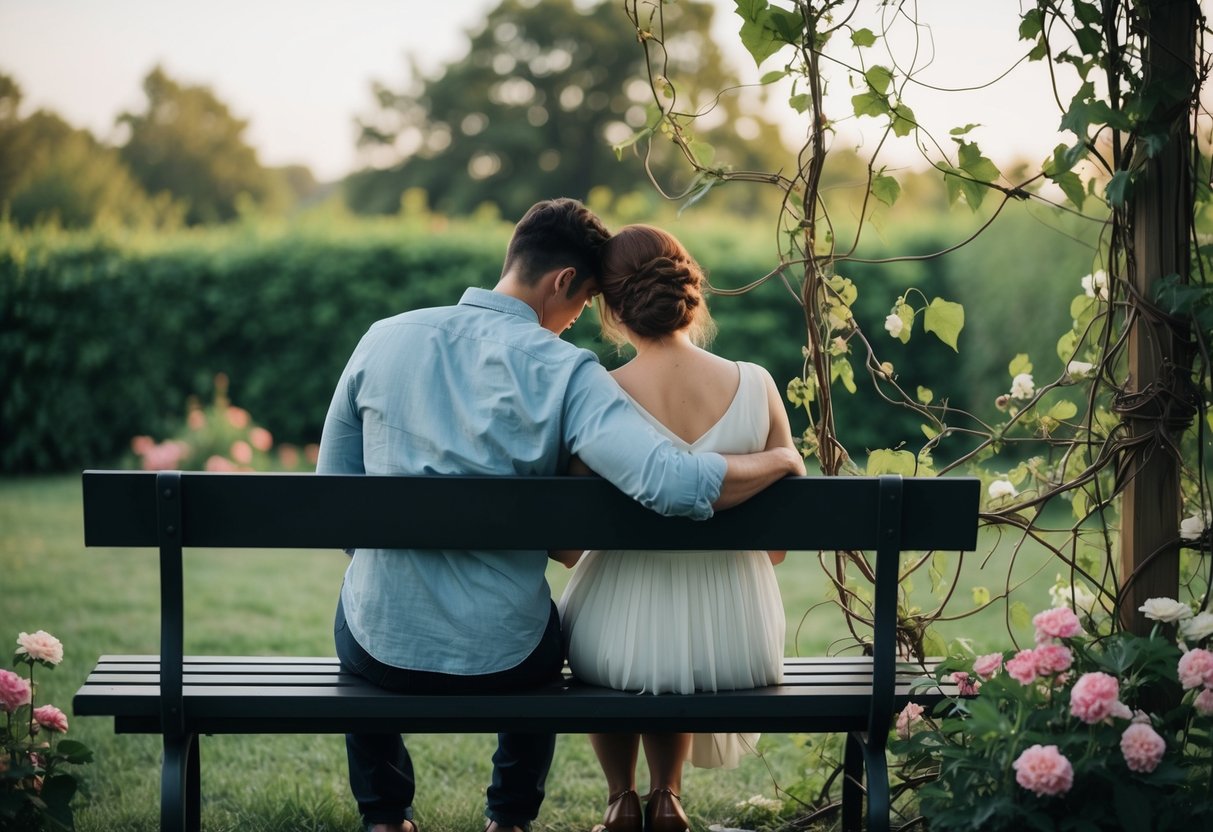A couple sitting back to back on a bench, surrounded by a tangle of vines and flowers, symbolizing the complex and intertwined nature of intimacy and conflict in marriage