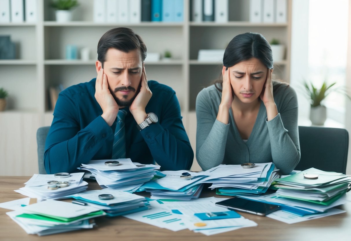 A couple sits at a table piled with bills and financial documents, looking stressed and overwhelmed as they try to plan for the future