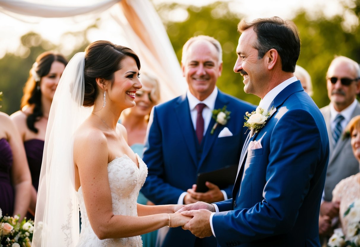 A father stands beside a blushing bride, presenting her to a groom with a warm smile. The couple exchanges vows as family and friends look on