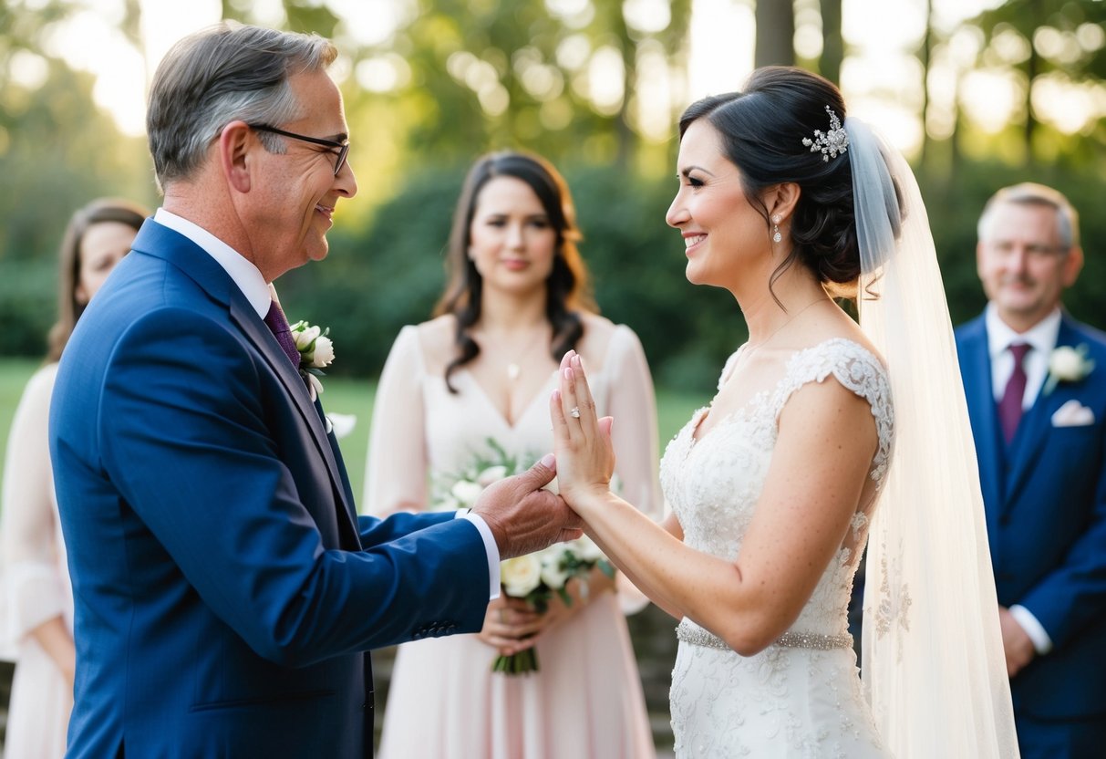 A father stands beside a bride, presenting her to a groom with a gesture of blessing and approval