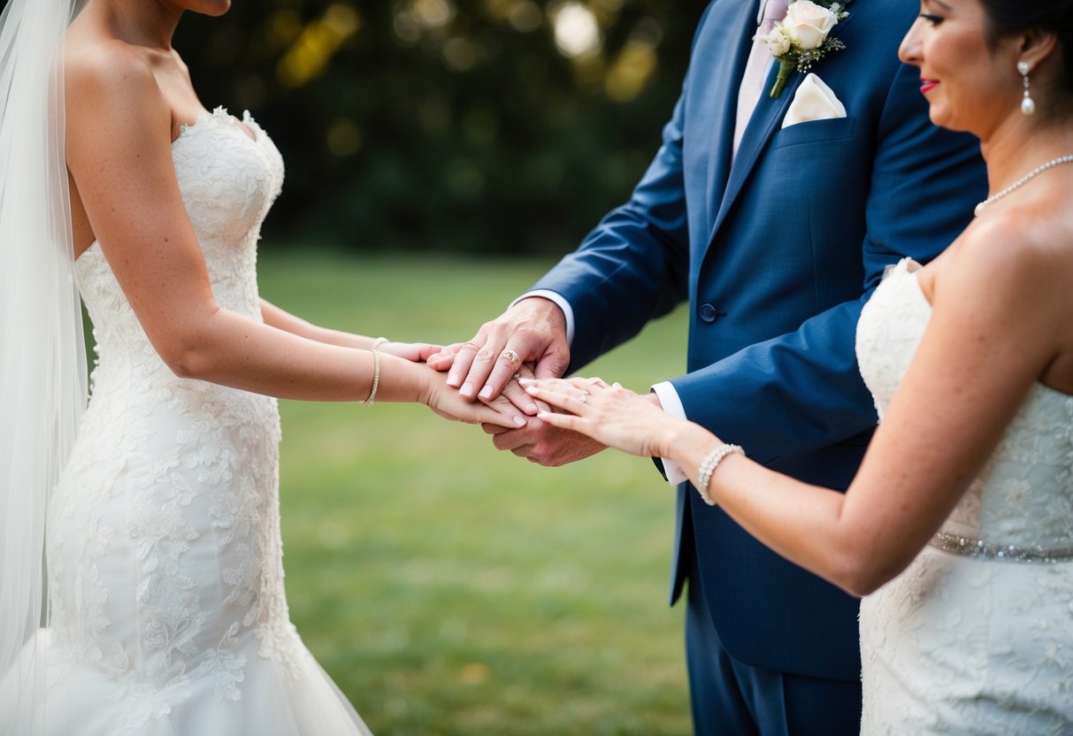 A father standing beside a bride, placing her hand in the groom's, symbolizing the emotional significance of giving away his daughter