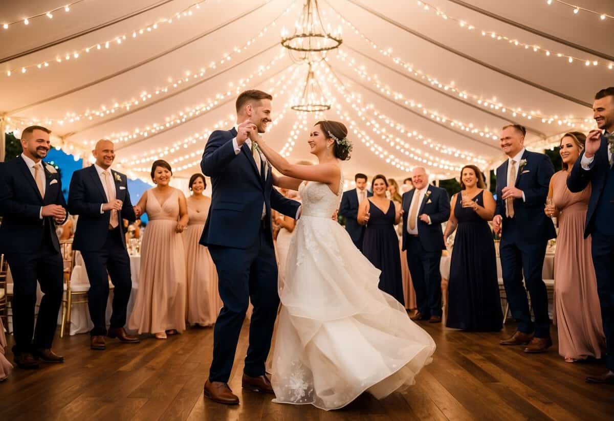A bride and groom dancing under a canopy of twinkling lights, surrounded by guests swaying to the music