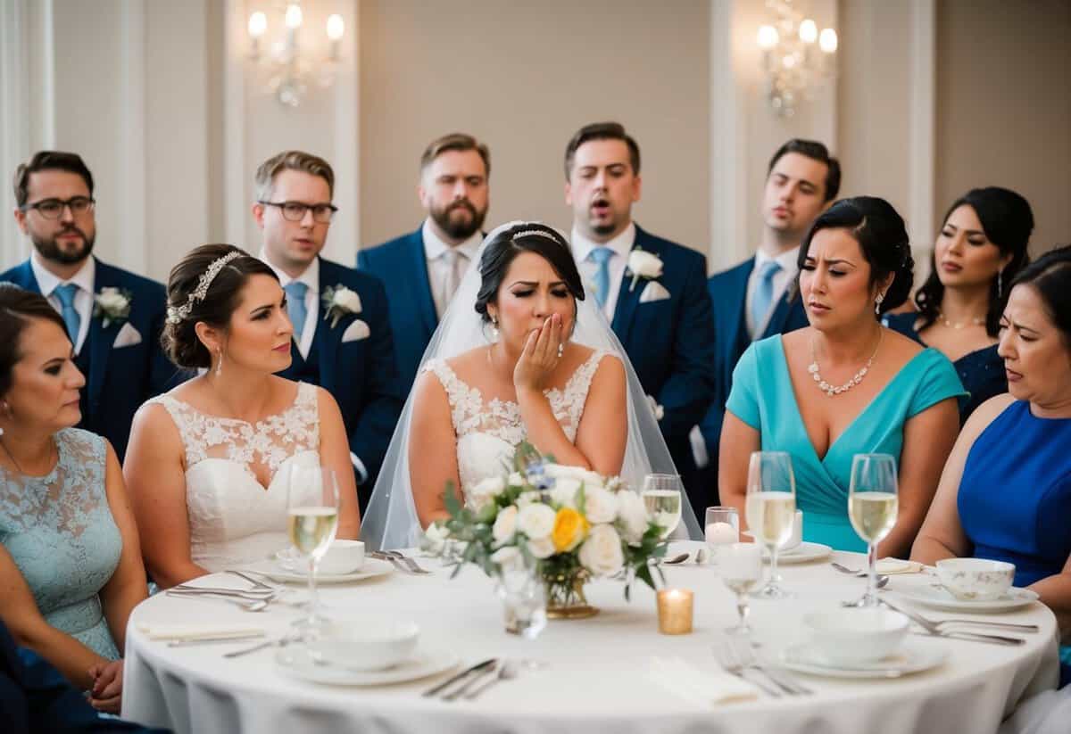 A group of wedding guests cringe as the maid of honor speech veers into inappropriate territory, with the bride looking increasingly uncomfortable