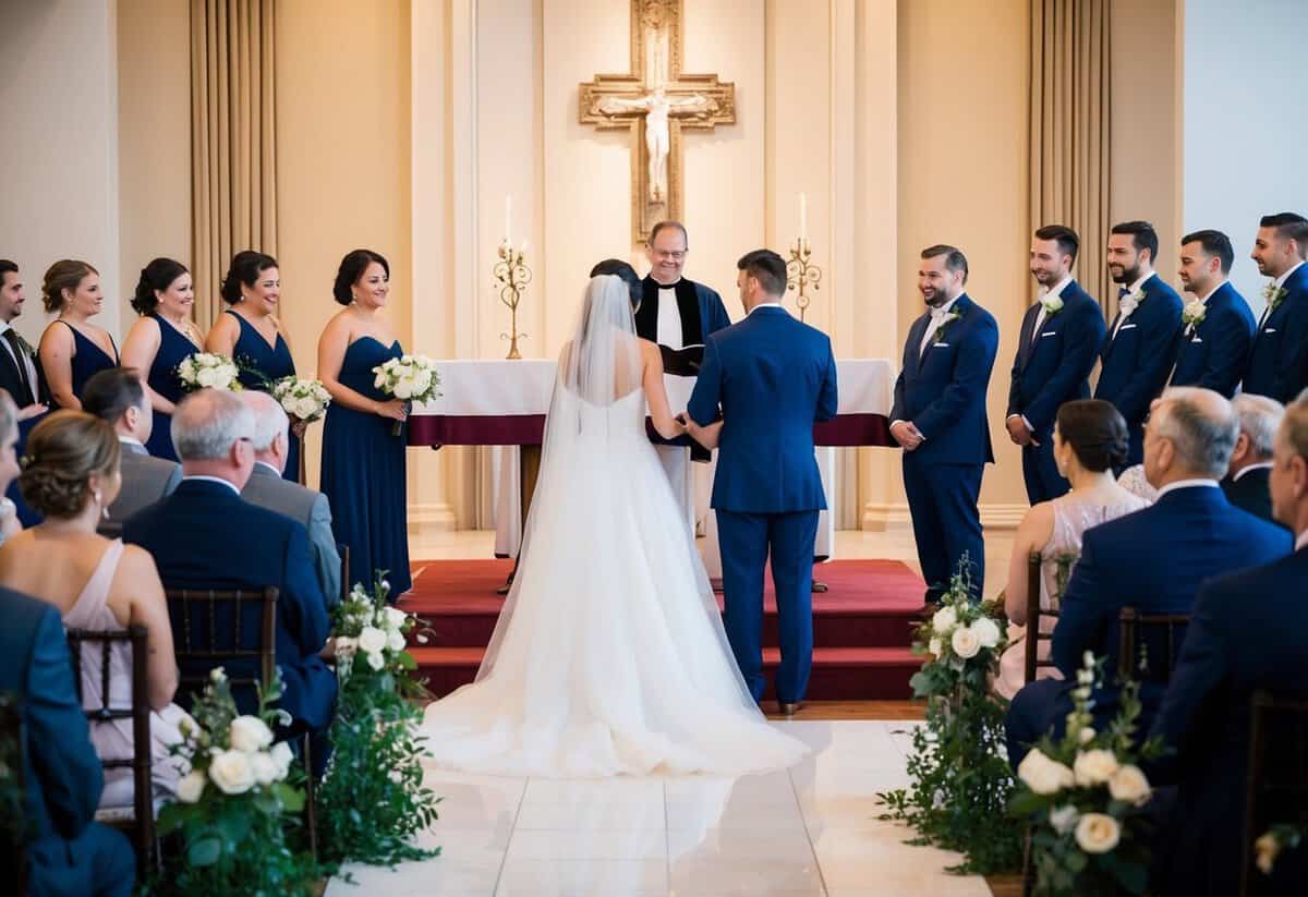 The bride and groom stand at the altar, facing their guests. The officiant speaks first, followed by any readings or poems, then the couple exchange vows and rings. Finally, the officiant pronounces them married