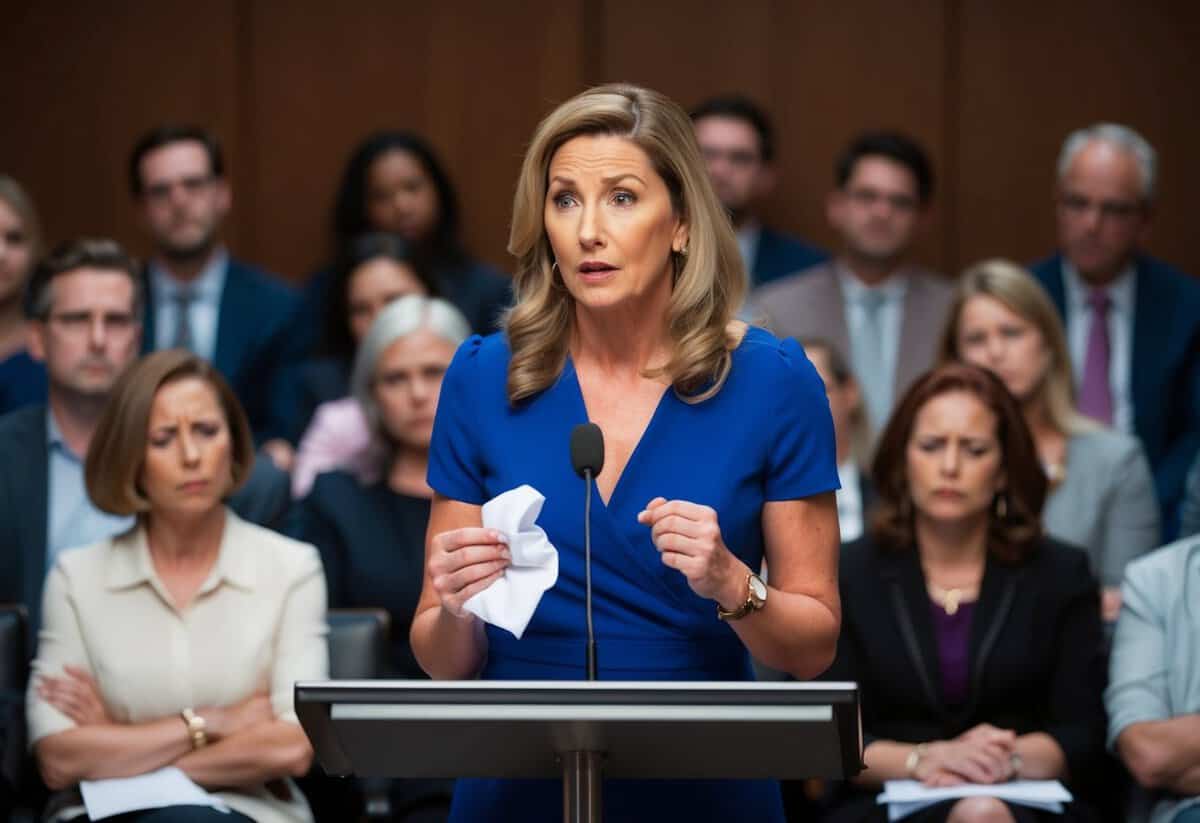 A woman standing at a podium, looking nervous, with a crumpled piece of paper in hand. Audience members appear uncomfortable