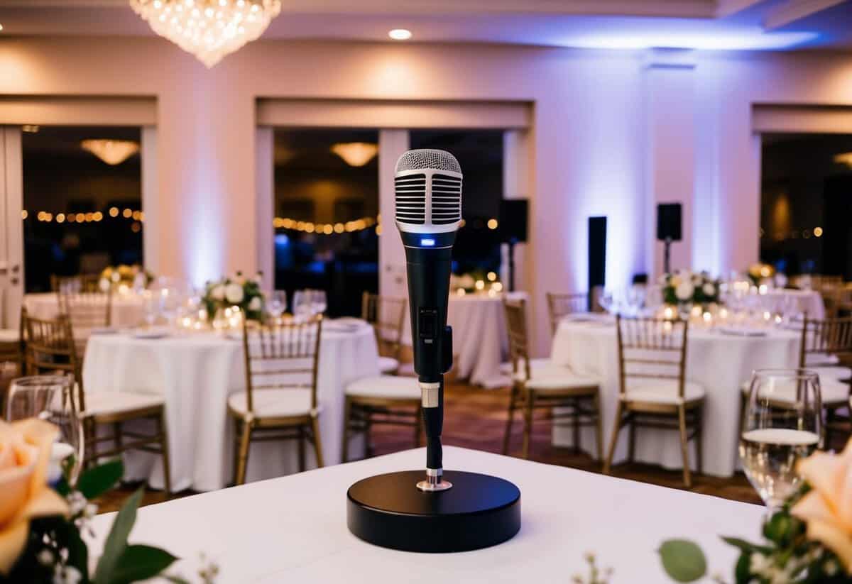 A wedding reception with a microphone on a stage, surrounded by tables and chairs. The room is elegantly decorated with flowers and soft lighting