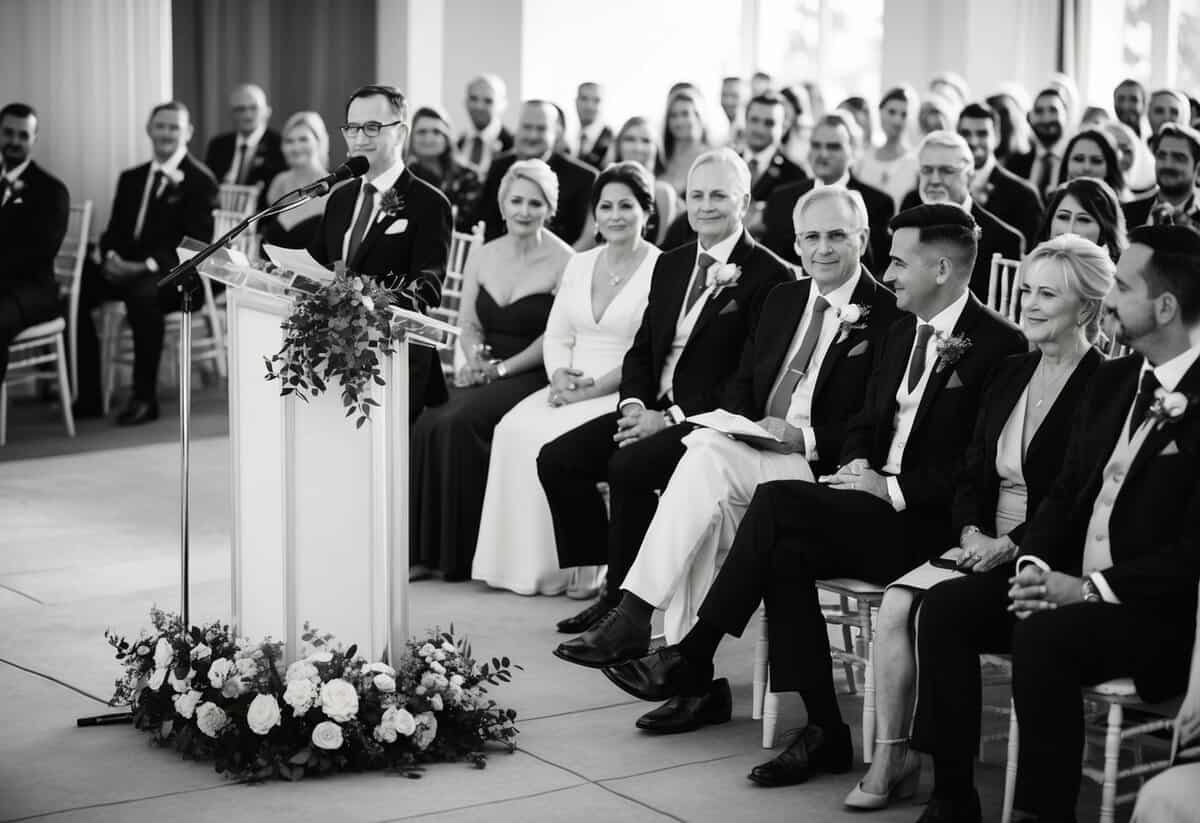 A wedding scene: A podium at the front, with a microphone and flowers. Chairs arranged in rows, with guests seated and attentive