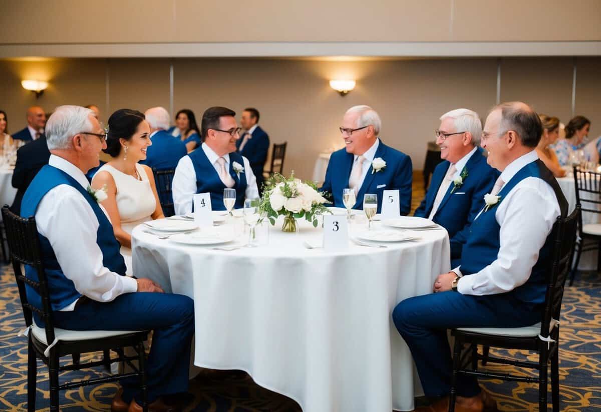 Parents seated at a round table, bride's parents on one side, groom's on the other, facing each other. Tables labeled with placeholders