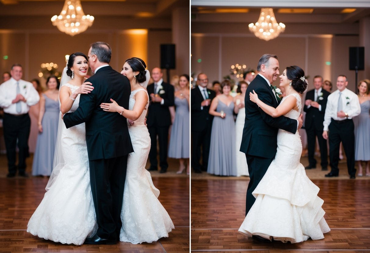 First, the bride dances with her father, followed by the groom dancing with his mother, and then the bride and groom dance together