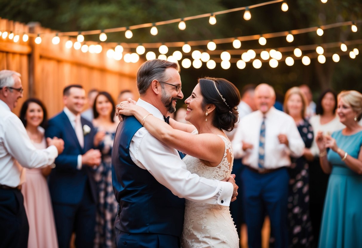 Parents dance together, surrounded by guests, as the warm glow of string lights and the soft music create a heartfelt and intimate atmosphere