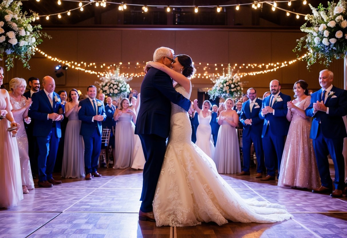 Parents embrace on the dance floor, surrounded by twinkling lights and floral arrangements, as the newlyweds prepare for their grand exit