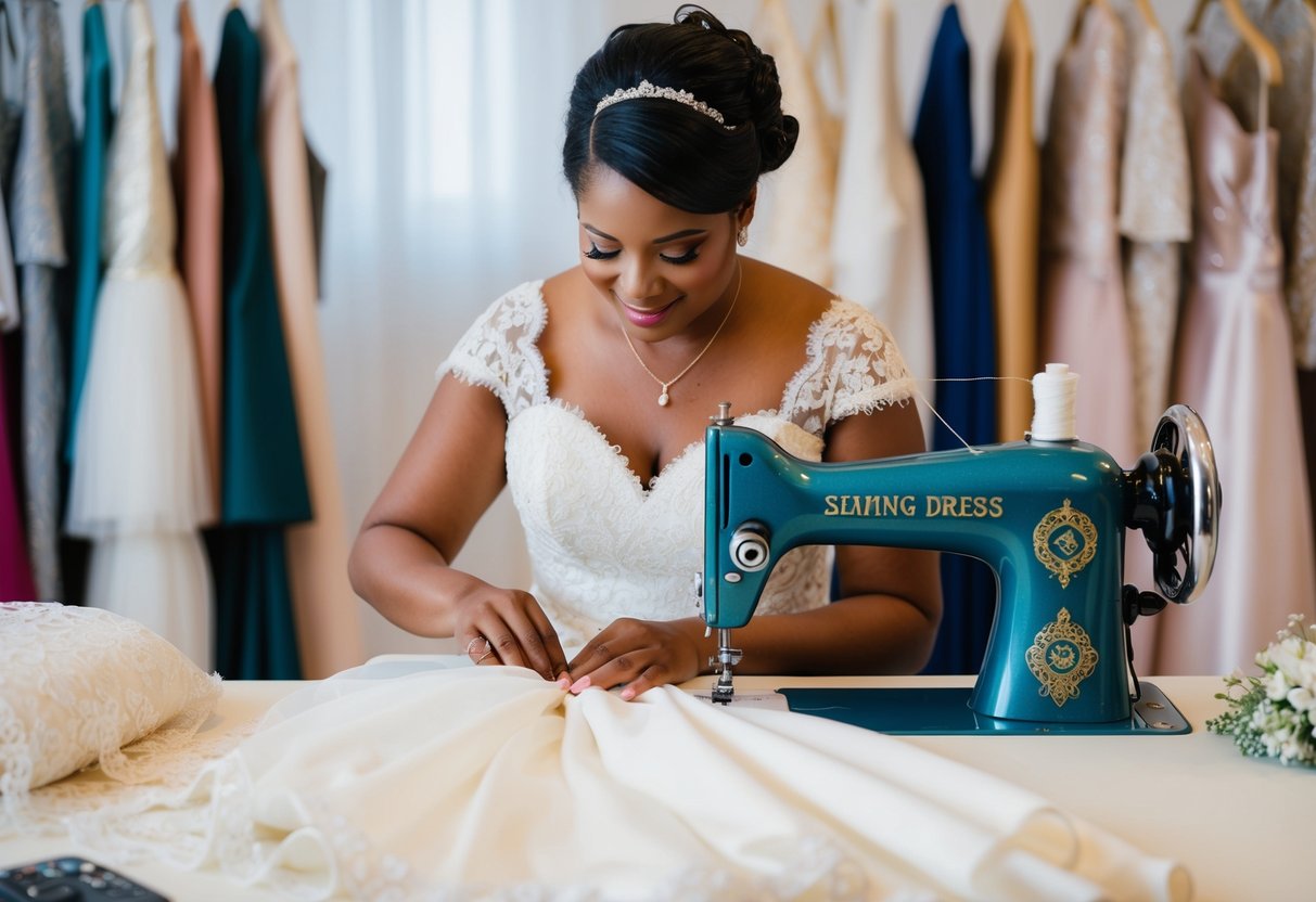 A seamstress working on a wedding dress, surrounded by fabric, lace, and a sewing machine
